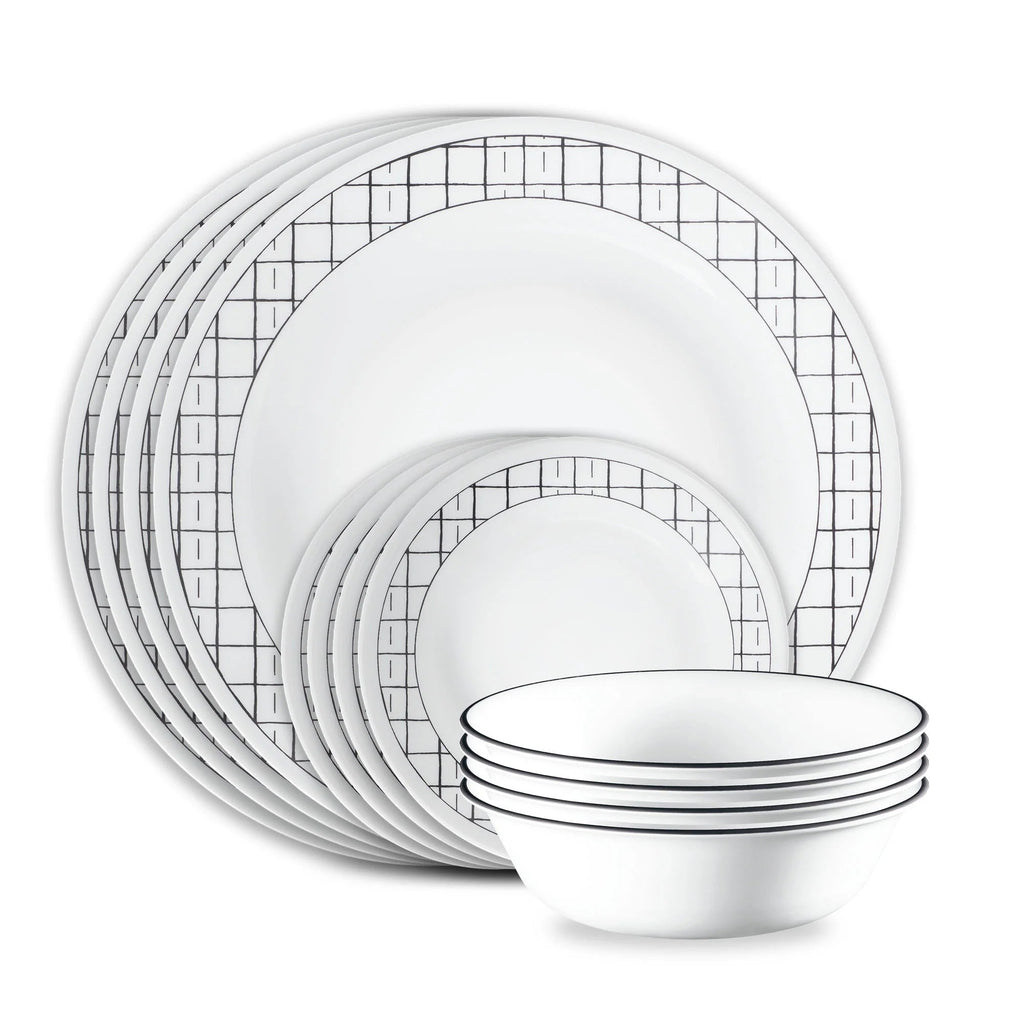 Corelle Dinnerware- Lightweight Delicate Grid 18-piece Dinnerware Set. Service for 6