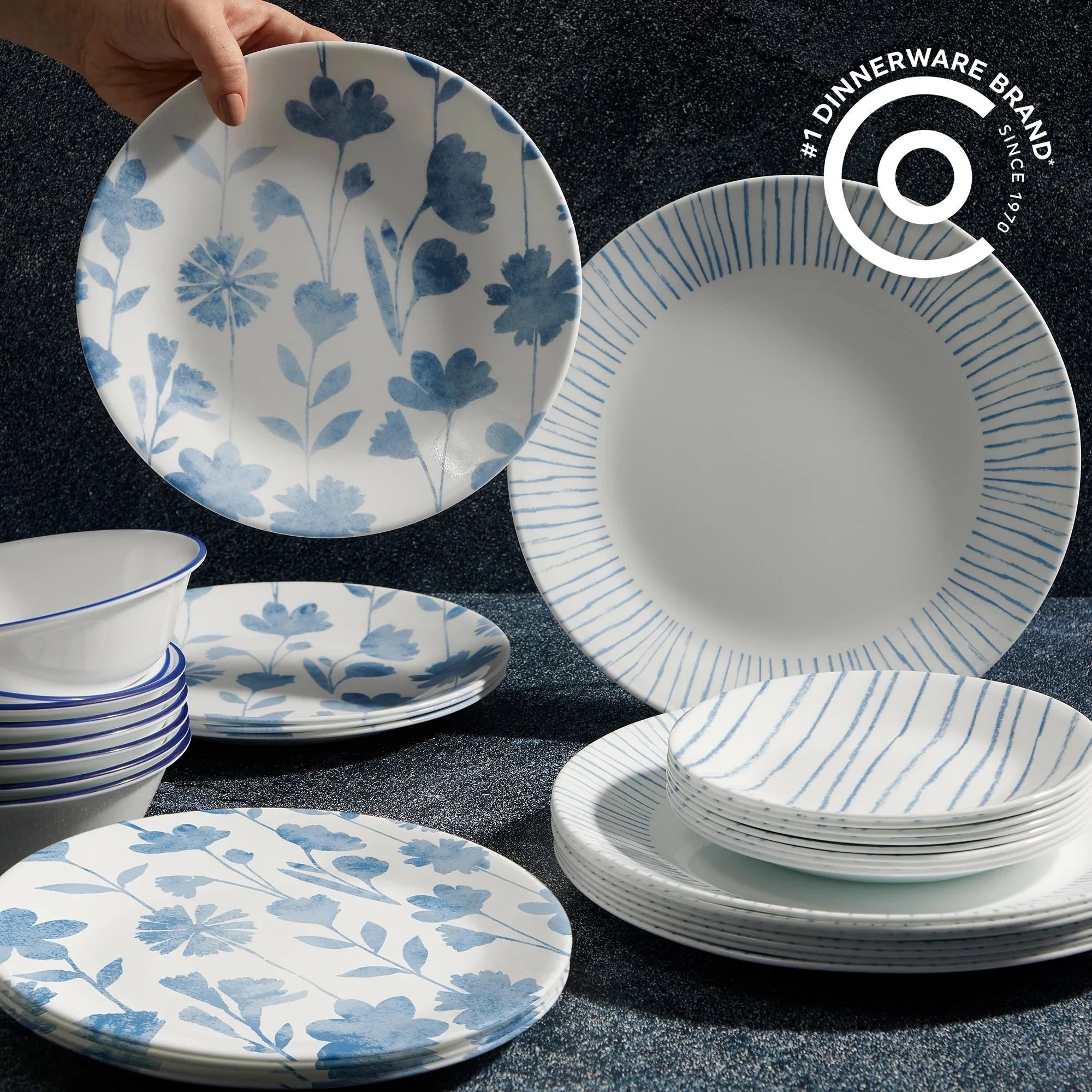 Corelle Dinnerware- Lightweight Botanical Stripes 32-piece Dinnerware Set. Service for 8