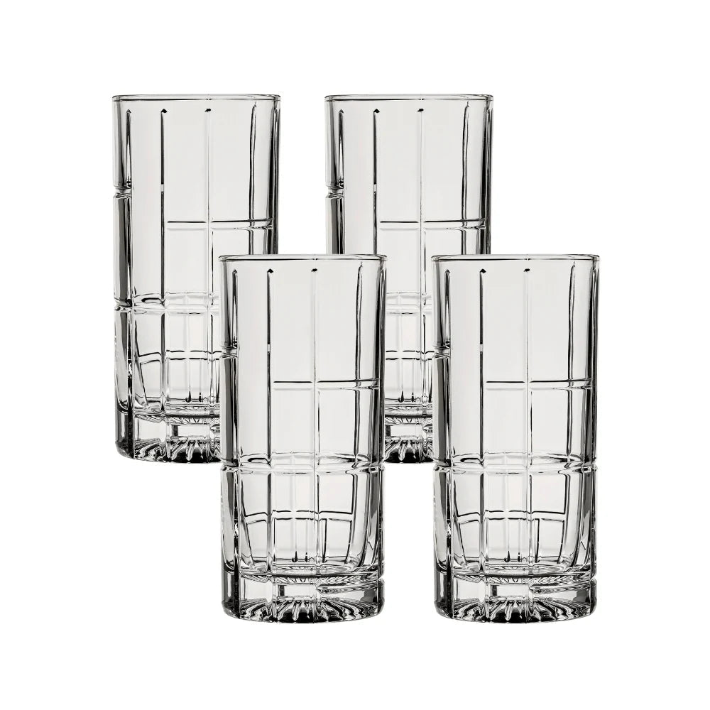 Corelle Dinnerware- Lightweight Traze FTR Highball Glasses (4-Pieces). 12-ounce. Dishwasher Safe