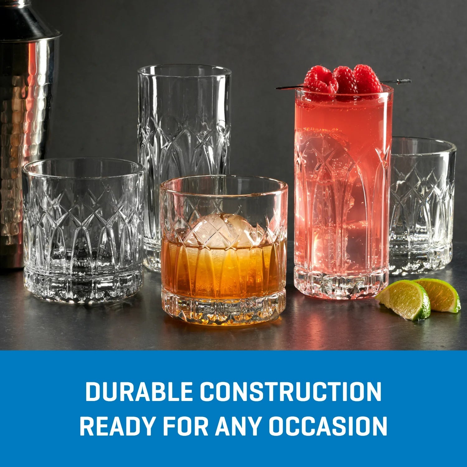Corelle Dinnerware- Lightweight Traze PST Rocks Glasses (4-Pieces). 12-ounce. Dishwasher Safe