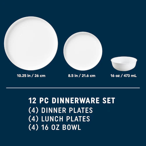 Corelle Dinnerware- Lightweight Modern Rounds 12pc Set. Service for 4