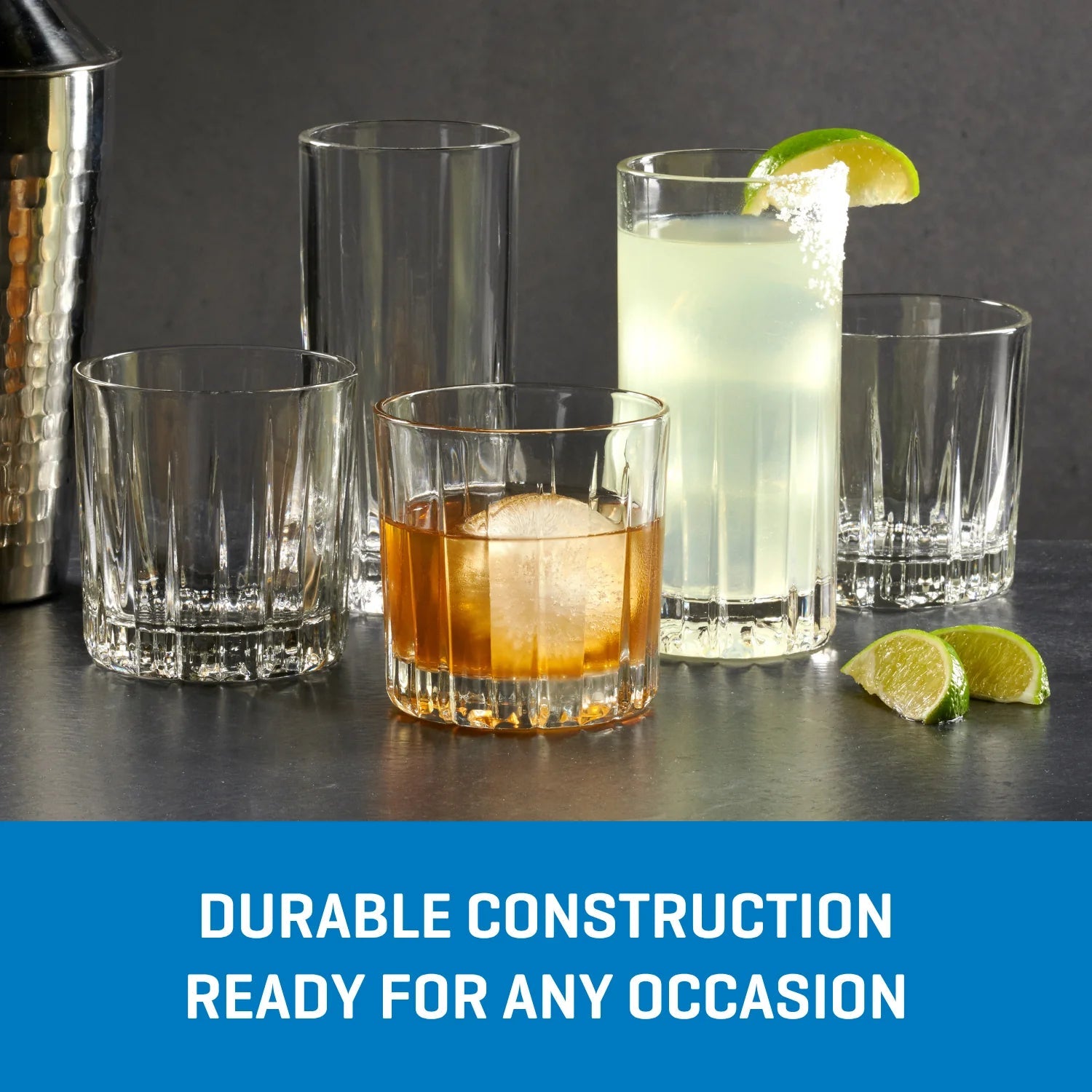 Corelle Dinnerware- Lightweight Traze PRE Rocks Glasses (4-Pieces). 12-ounce. Dishwasher Safe