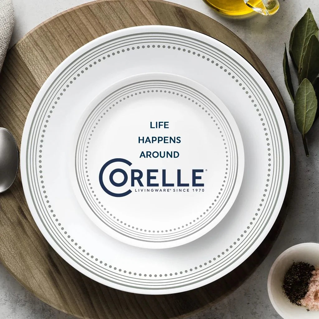 Corelle Dinnerware- Lightweight Mystic Gray 18-piece Mugless Dinnerware Set. Service for 6