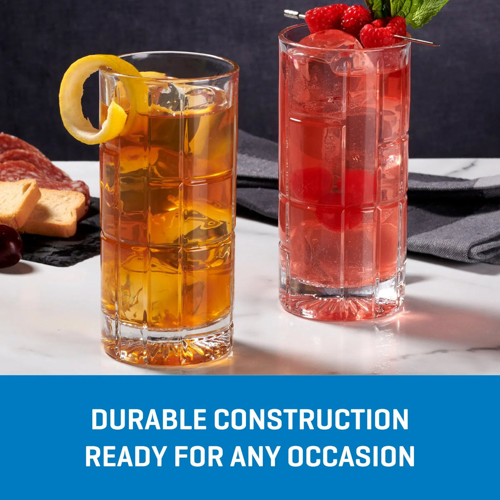 Corelle Dinnerware- Lightweight Traze FTR Highball Glasses (4-Pieces). 12-ounce. Dishwasher Safe