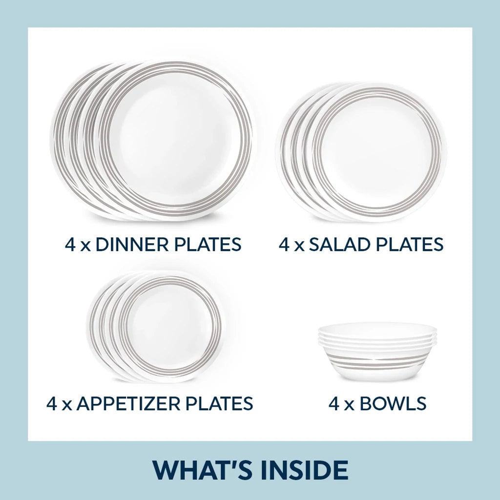 Corelle Dinnerware- Lightweight Brushed Silver 16-piece Dinnerware Set. Service for 4
