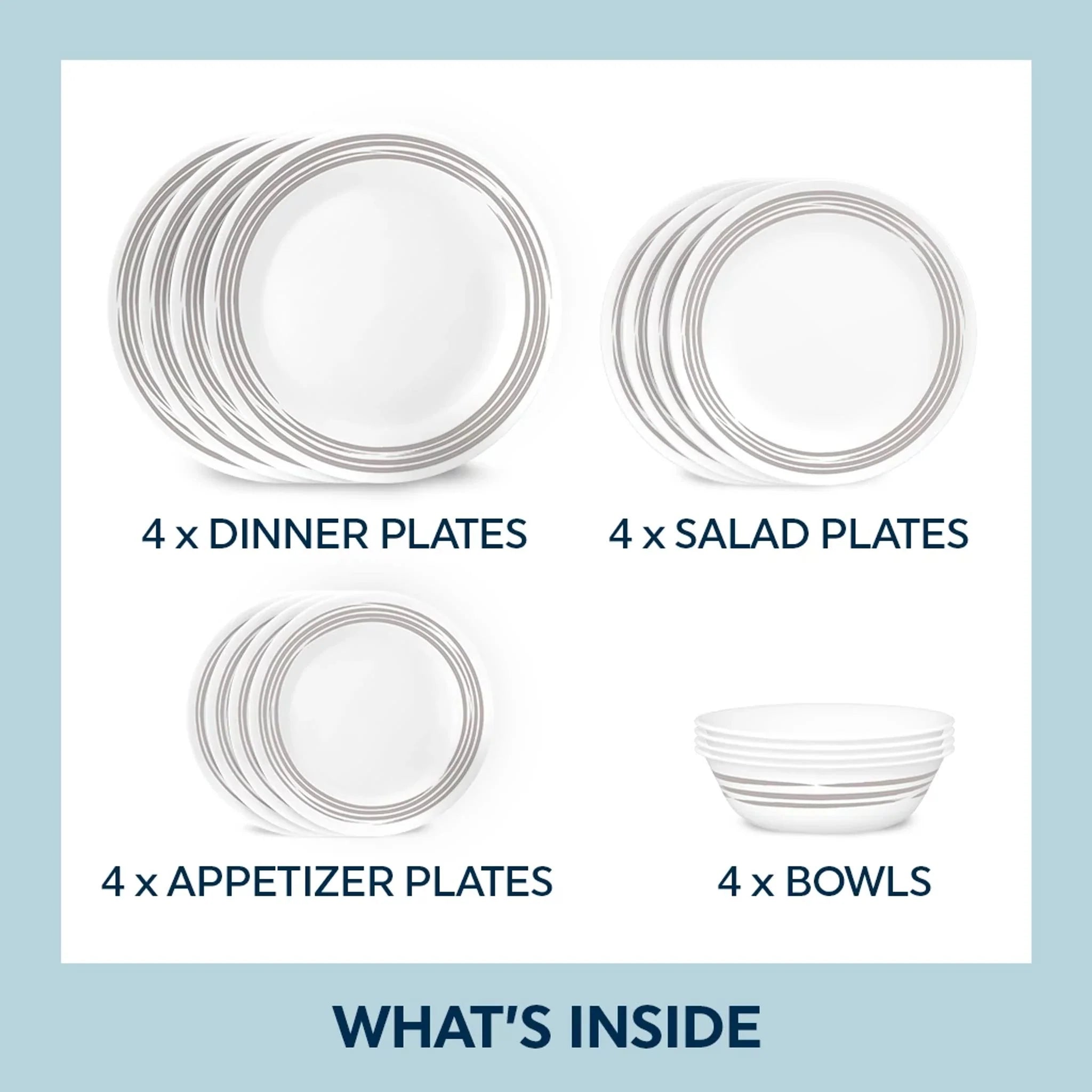 Corelle Dinnerware- Lightweight Brushed Silver 16-piece Dinnerware Set. Service for 4