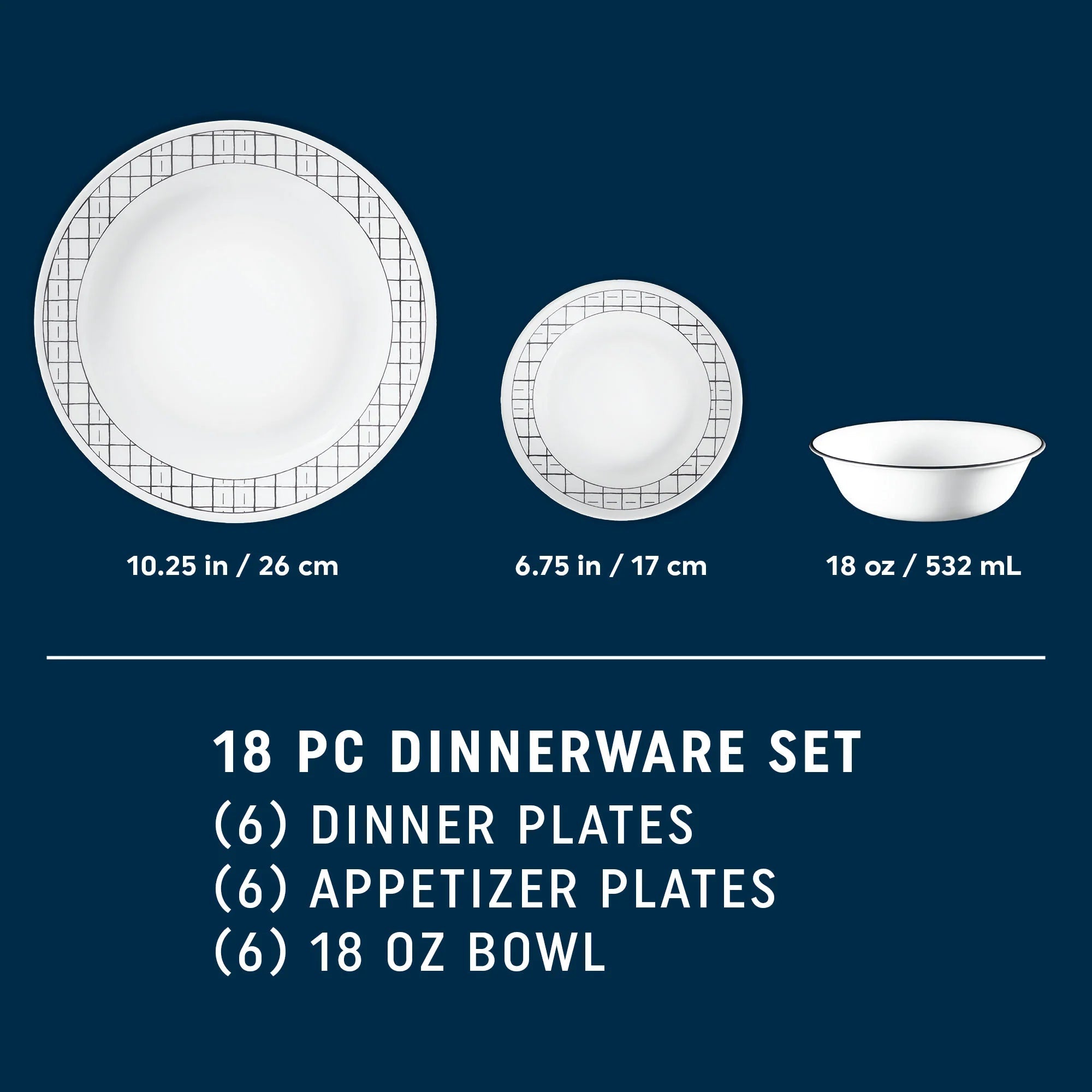 Corelle Dinnerware- Lightweight Delicate Grid 18-piece Dinnerware Set. Service for 6