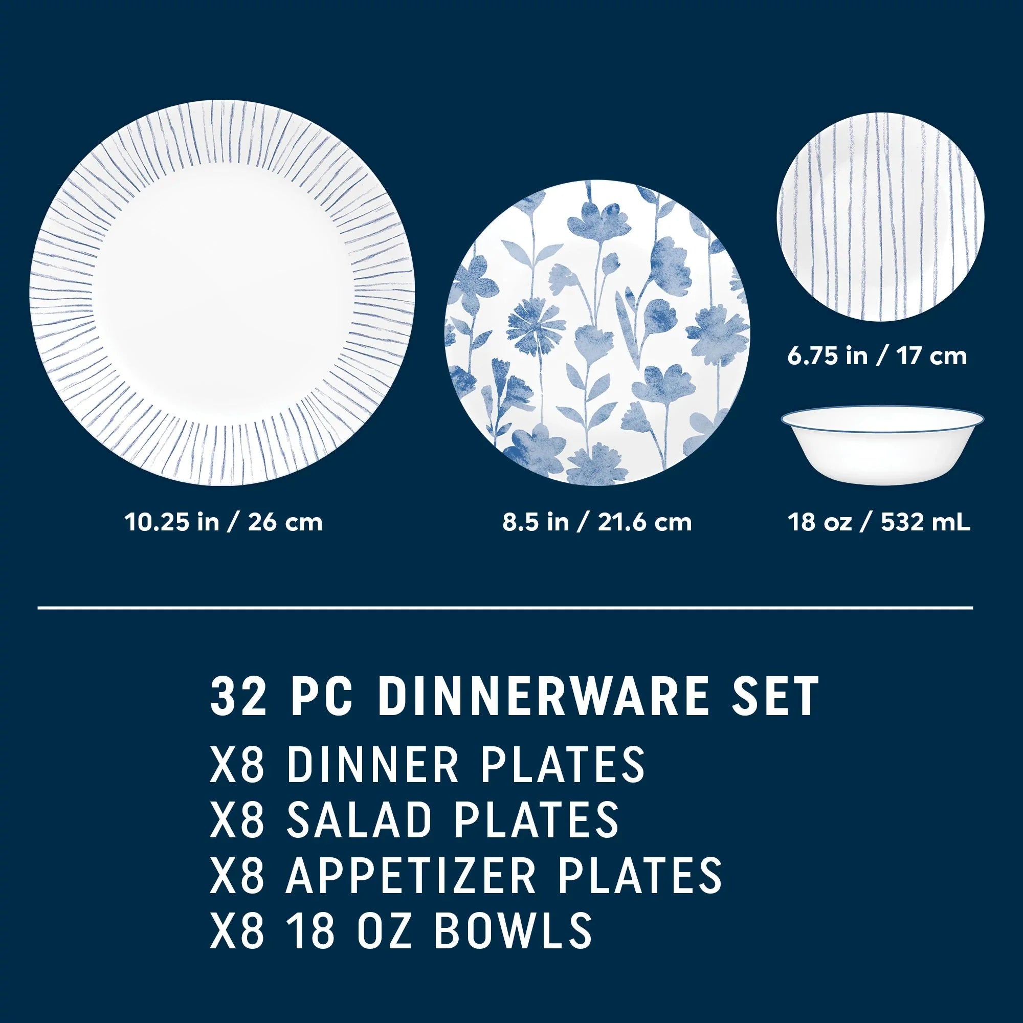 Corelle Dinnerware- Lightweight Botanical Stripes 32-piece Dinnerware Set. Service for 8