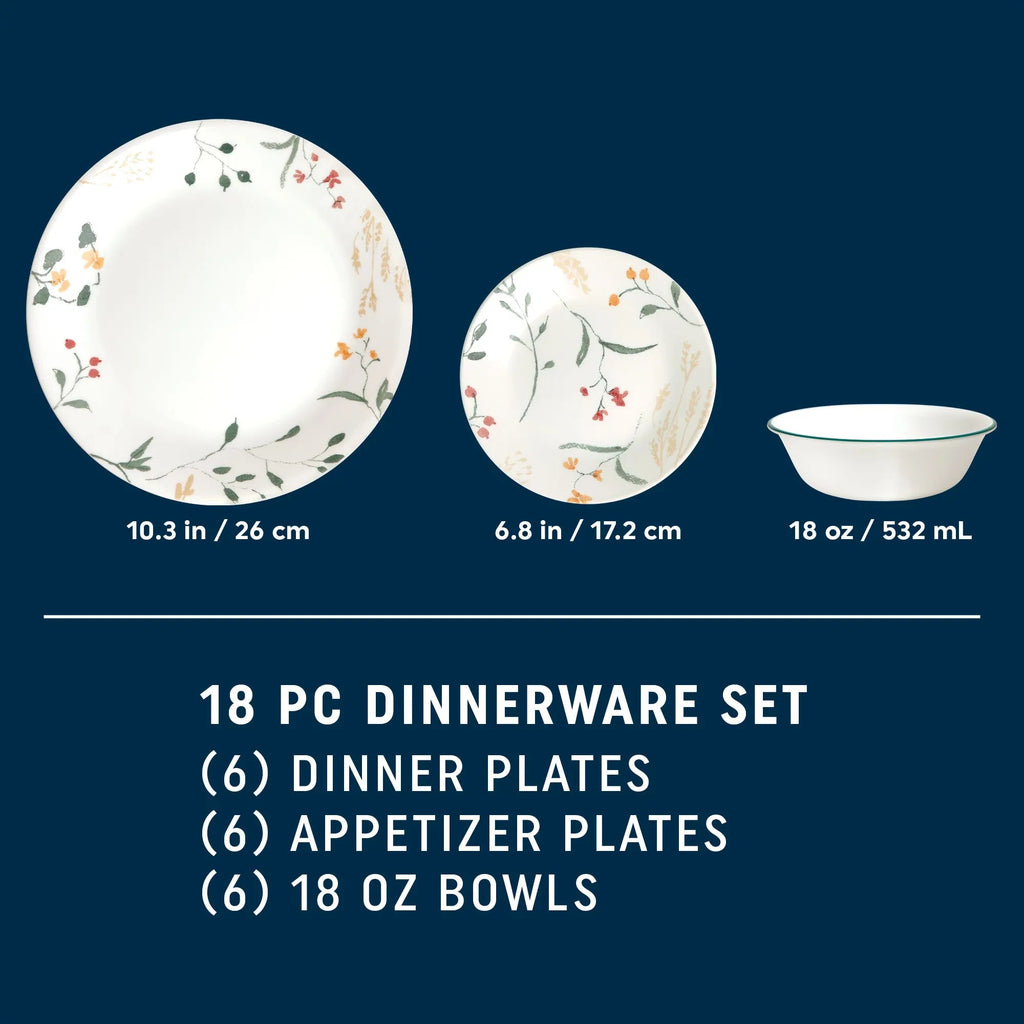 Corelle Dinnerware- Lightweight Wildflower Scatter 18-piece Dinnerware Set. Service for 6