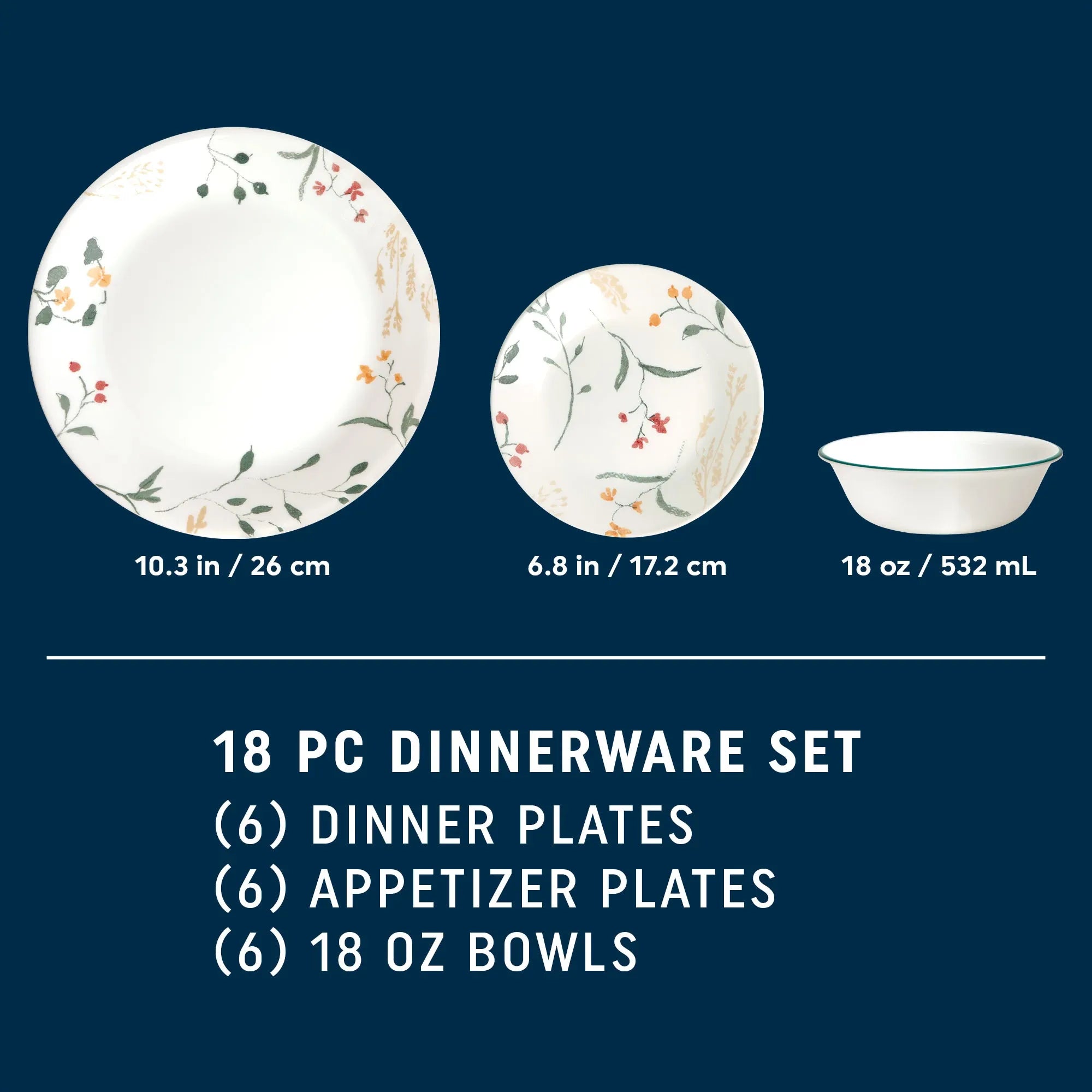 Corelle Dinnerware- Lightweight Wildflower Scatter 18-piece Dinnerware Set. Service for 6