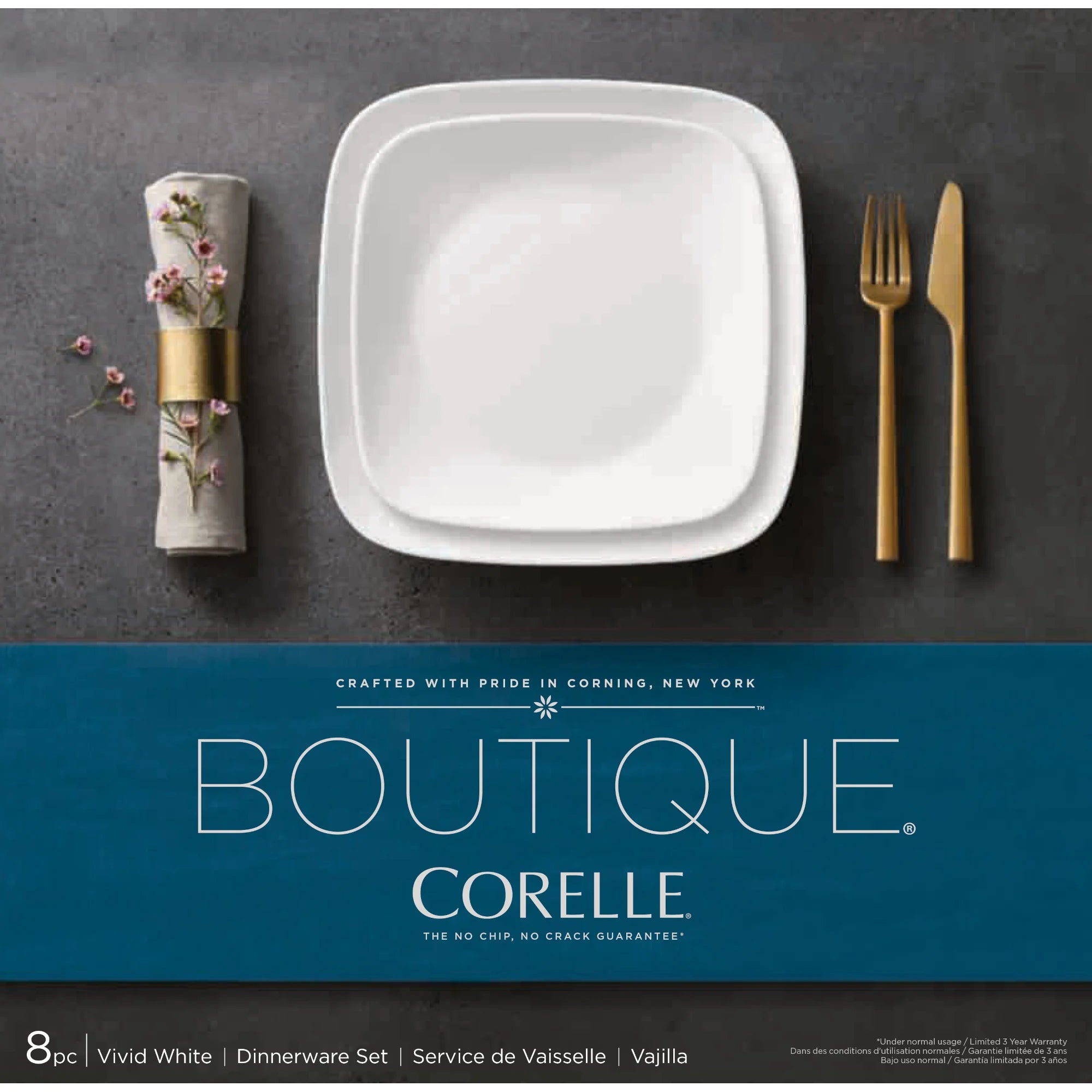 Corelle Dinnerware- Lightweight Boutique Vivid White 8-piece Dinnerware Set. Service for 4