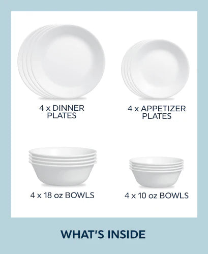 Corelle Dinnerware- Lightweight Winter Frost White 16-piece Mugless Dinnerware Set. Service for 4