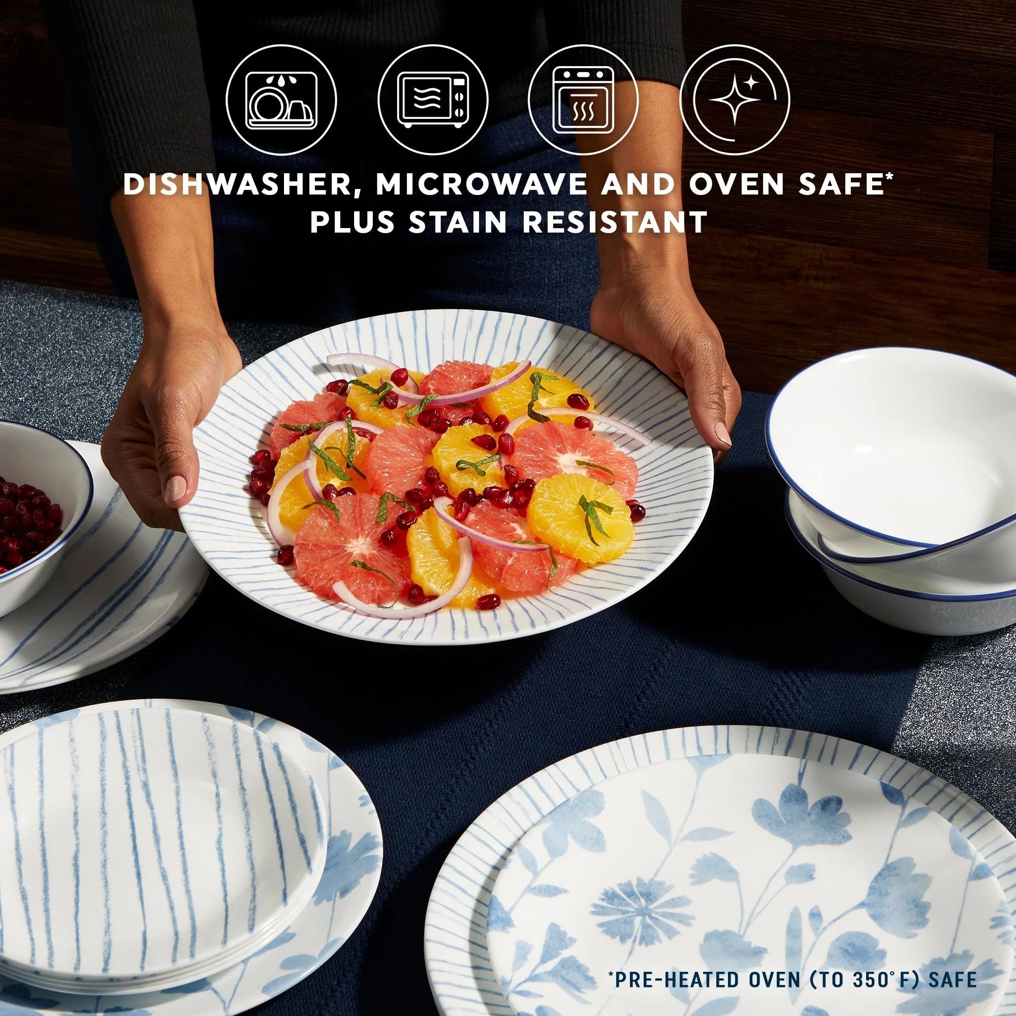 Corelle Dinnerware- Lightweight Botanical Stripes 32-piece Dinnerware Set. Service for 8