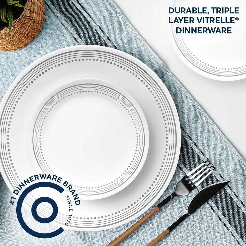 Corelle Dinnerware- Lightweight Mystic Gray 18-piece Mugless Dinnerware Set. Service for 6